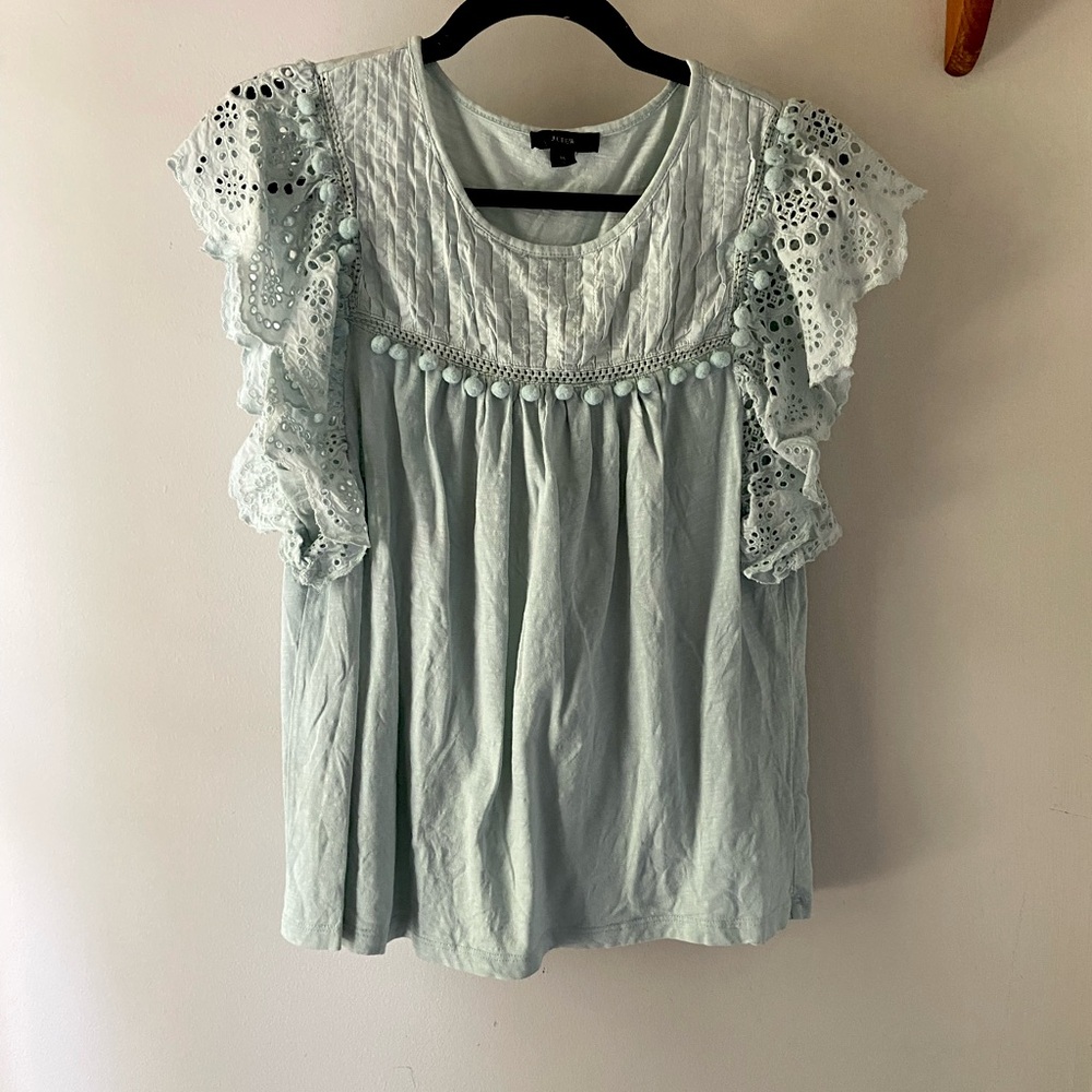 J. Crew 100% Cotton Shirt | size M | light blue | Pom poms and lace detail